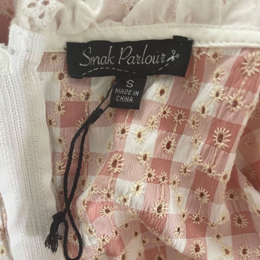 Unique Vintage Small Dress Gingham Eyelet Pockets Woodstock Flare Pink - Picture 4 of 5